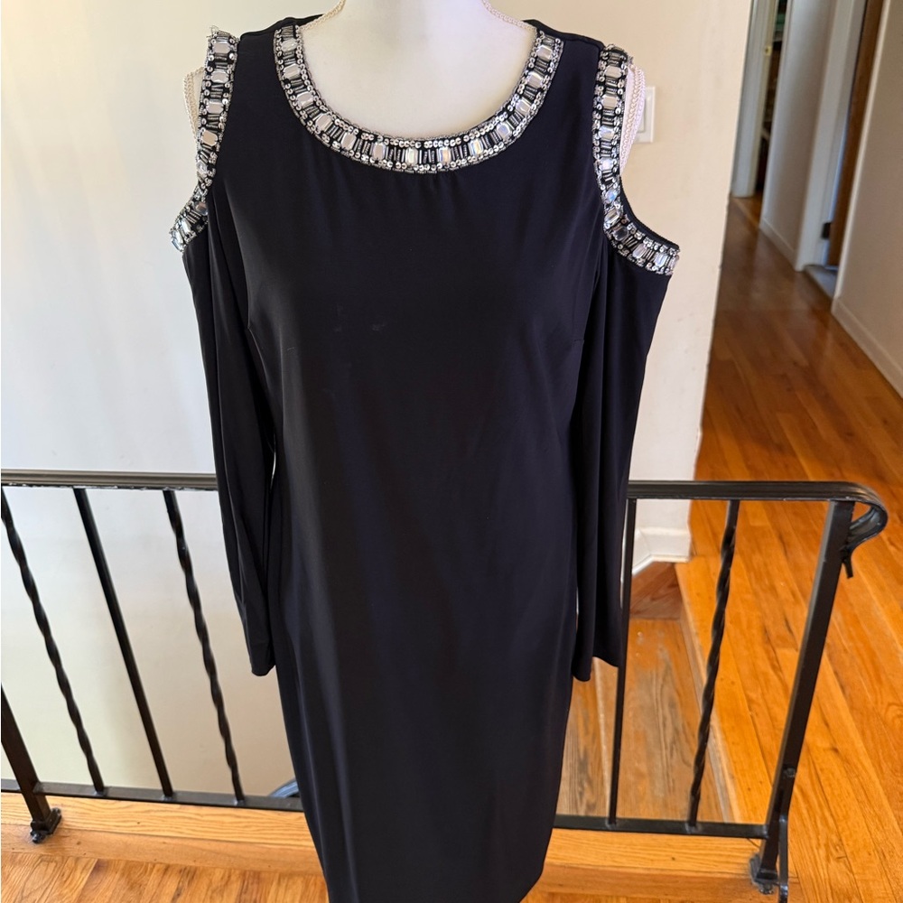 New York & Company Black Cold-Shoulder Beaded Dress. Size L
